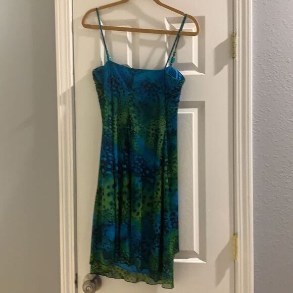 Blue Green Padded Animal Print Dress Glass Beads Large - Picture 7 of 8